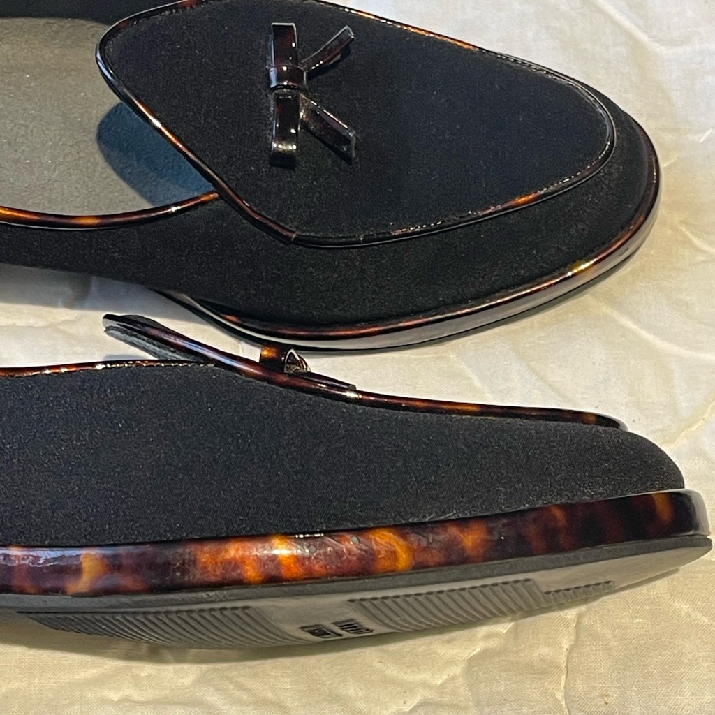 Stuart Weitzman Sz 6.5 Black Fabric Loafers With Tortoiseshell Trim